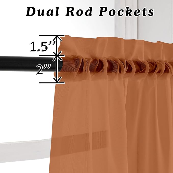 OVZME 2 Panels Solid Color Orange Sheer Curtains 96 Inches Long, Elegant Window - Image 3