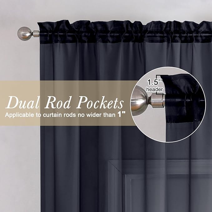 Lecloud Black Sheer Curtains 84 Inches Long 2 Panels, Solid Voile Light - Image 2
