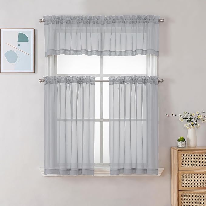 Gwine Light Grey Sheer Curtains 30 Inch Length, Short Light Filtering Voile - Image 2