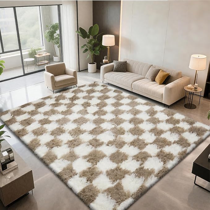 4x6 Checkered Area Rugs for Bedroom, Fluffy Beige and White Checkered Rug Fuzzy by Boshengya