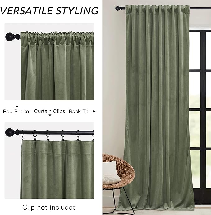 RYB HOME Sage Green Velvet Curtains 63 inches Length - Image 2