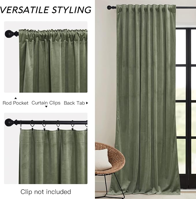 RYB HOME Sage Green Velvet Curtains 108 inch, Room Darkening Super Soft Velvet - Image 3