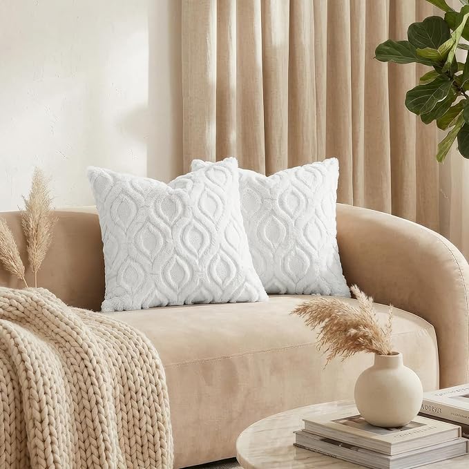 decorUhome Throw Pillow Covers 12x20 Inch Set of 2, Soft Plush Faux Wool White - Image 3