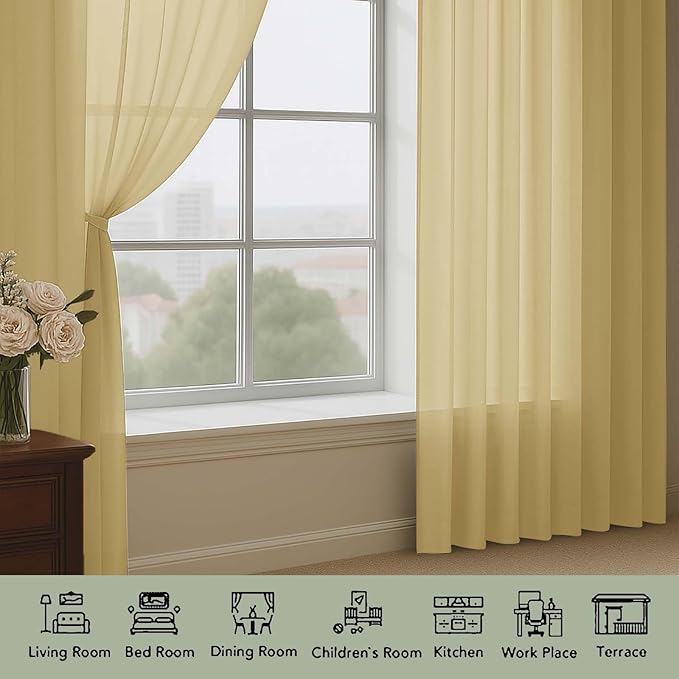 OWENIE Extra Long Gold Sheer Curtains 96 Inches Long 2 Panels Set, Soft - Image 3