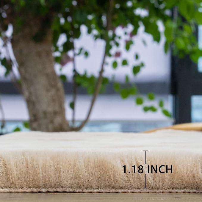 ORINOVA Light Brown Beige Washable Shaggy Round Rug 5ft Faux Rabbit Fur Rugs - Image 8