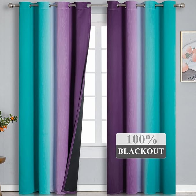 Estelar Textiler Ombre Purple Blackout Curtains 96 Inches Long, Teal Curtains - Image 2