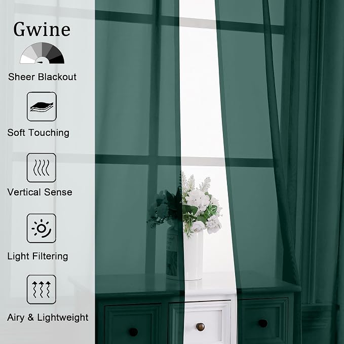 Gwine Hunter Green Sheer Curtains 72 Inches Long 2 Panels Set - Image 2
