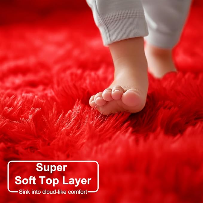 Red Circle Round Rug 7Ft for Living Room Bedroom, Large Fluffy Shag Area Rugs - Image 2
