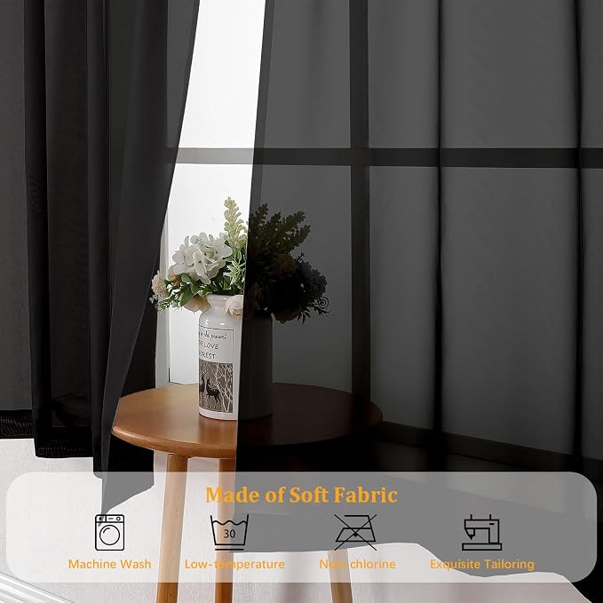 Gwine Black Sheer Curtains 84 Inches Long 2 Panels Set, Light Filtering Sheer - Image 7