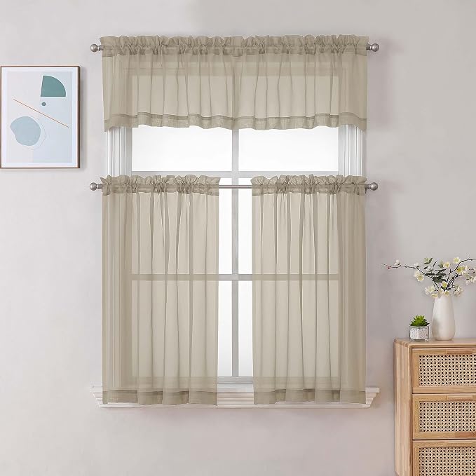 Gwine Taupe Sheer Curtain Tiers 24 Inch Length, Light Filtering Voile Short - Image 2