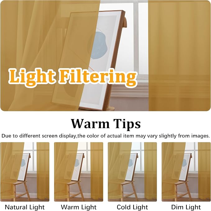 Gwine Gold Sheer Curtains 96 Inches Long 2 Panels, Elegant Window Treatments - Image 5