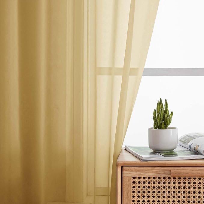 Gold Sheer Curtains 84 Inches Long 2 Panels, Soft Airy Light Filtering Curtains - Image 3
