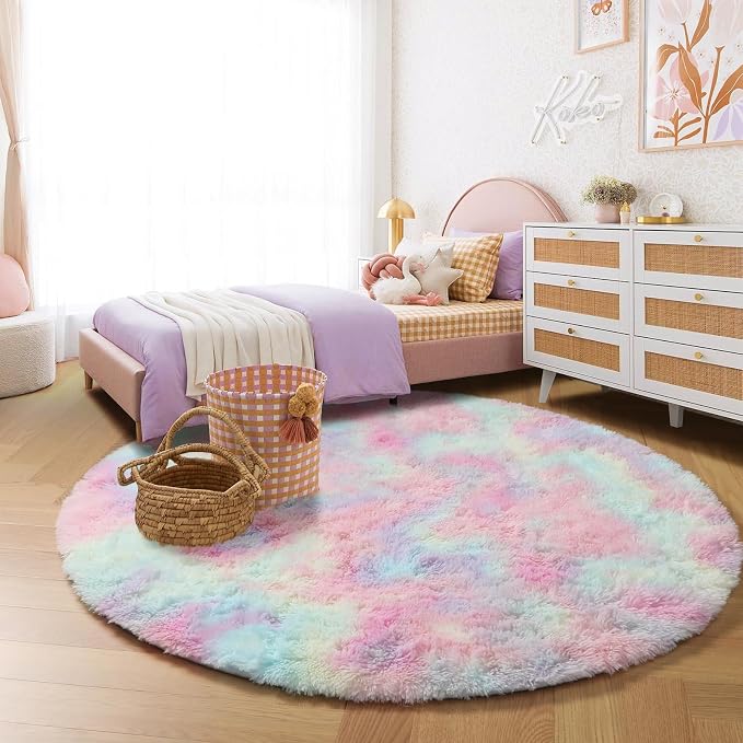 Amdrebio Rainbow Fluffy Round Rug 6Ft Kids Rugs - Image 7