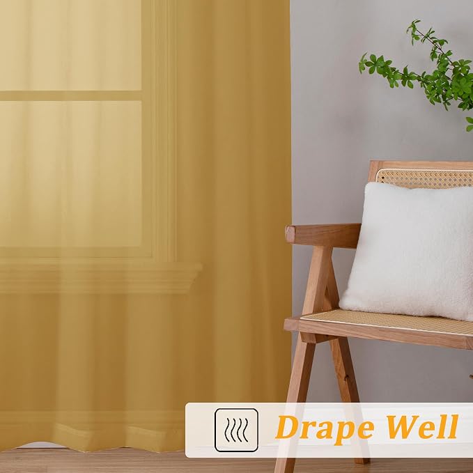 Gwine Gold Sheer Curtains 96 Inches Long 2 Panels, Elegant Window Treatments - Image 6