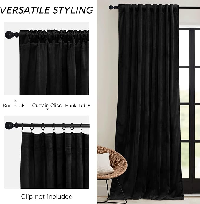 RYB HOME Black Velvet Curtains 108 inch, W52 x L108 inch, 2 Panels - Image 3