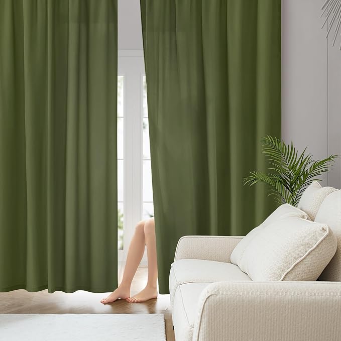 HOMEIDEAS Non-See-Through Olive Green Privacy Sheer Curtains, 52 X 63 Inches - Image 2