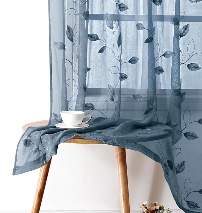 HOMEIDEAS Stone Blue Floral Sheer Curtains 63 Inches Long 2 Panels Embroidered by HOMEIDEAS