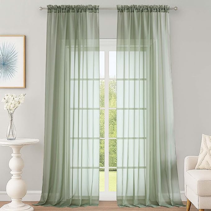 OWENIE Extra Long Sage Green Sheer Curtains 144 inch 2 Panels Set, Translucent by OWENIE