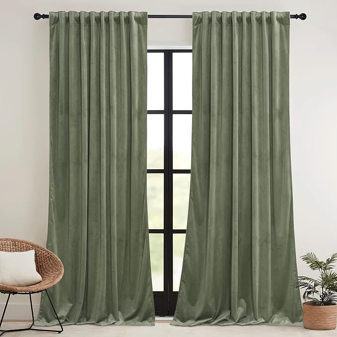 RYB HOME Sage Green Velvet Curtains 108 inch, Room Darkening Super Soft Velvet - Image 2