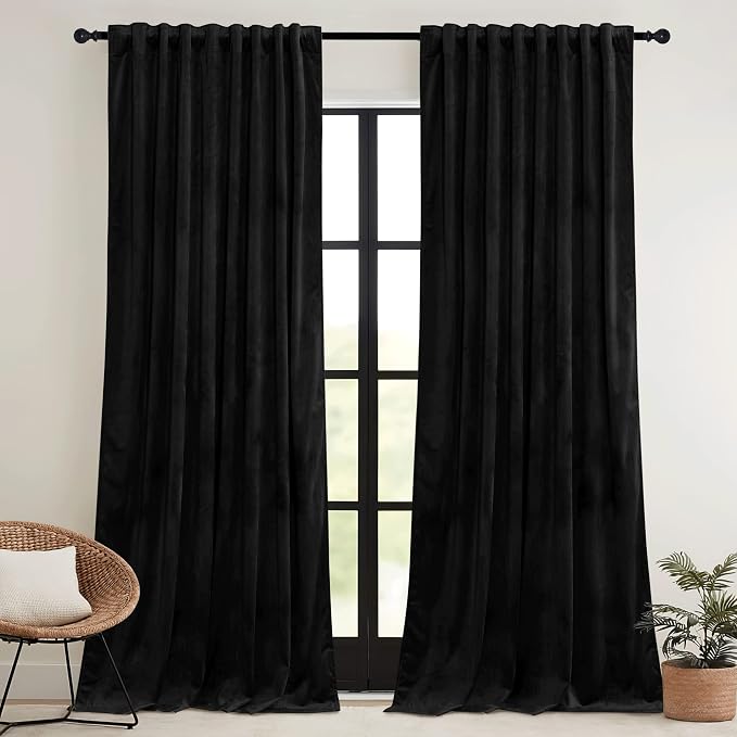 RYB HOME Black Velvet Curtains 108 inch, W52 x L108 inch, 2 Panels - Image 2
