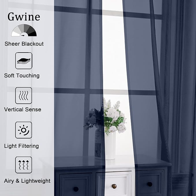 Gwine Navy Blue Sheer Curtains 72 Inches Long 2 Panels Set - Image 2