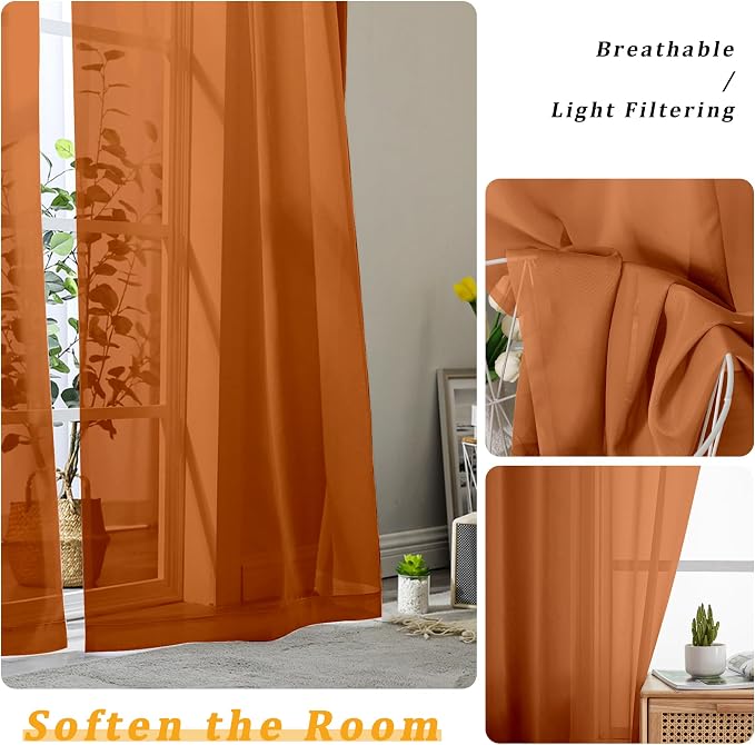 Gwine Burnt Orange Sheer Curtains 30 Inch Length, Short Light Filtering Voile - Image 5