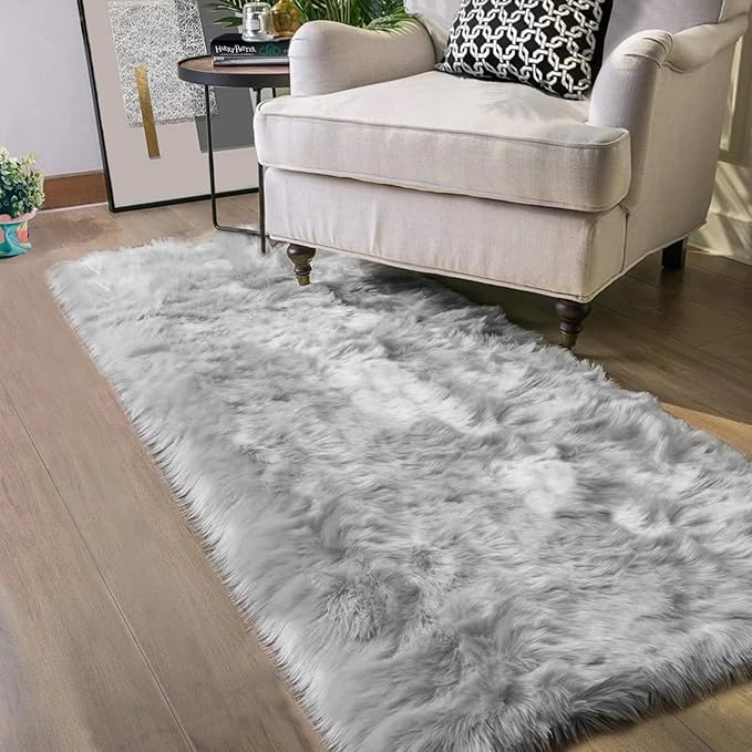Latepis Grey Fluffy Rugs for Bedroom Rug Runner 2x5 Faux Sheepskin Fur Furry by Latepis