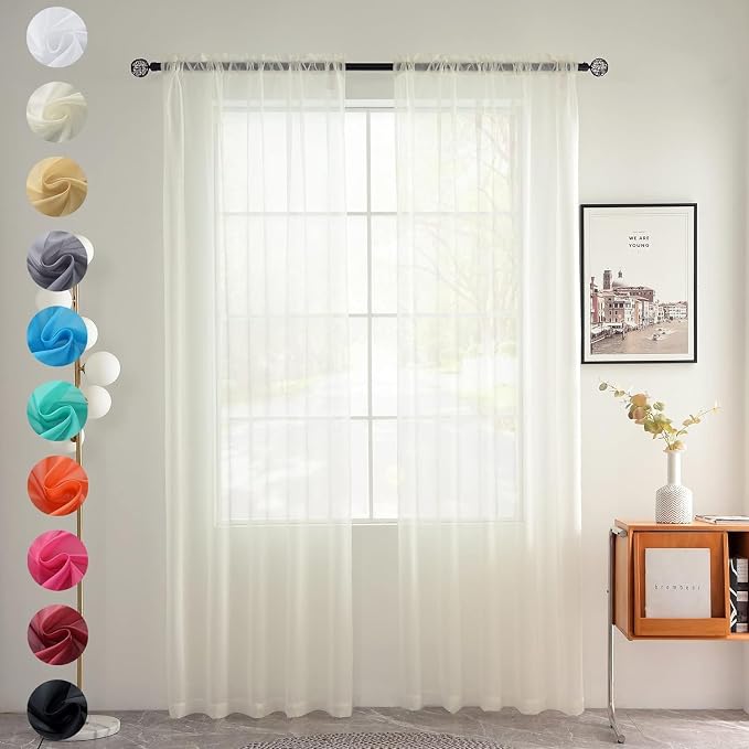 youleyar Solid Sheer Rod Pocket Curtain Voile Draperies 2 Panels Ivory Beige by Youleyar