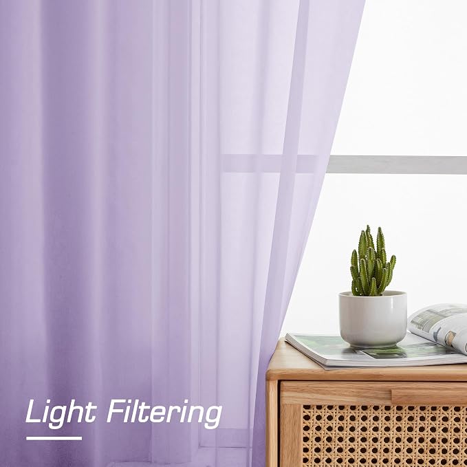 OWENIE Light Purple Sheer Curtains 63 inch Length 2 Panels Set, Rod Pocket - Image 2