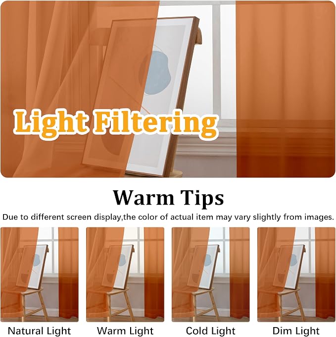 Gwine Burnt Orange Sheer Curtain Tiers 24 Inch Length, Light Filtering Voile - Image 6
