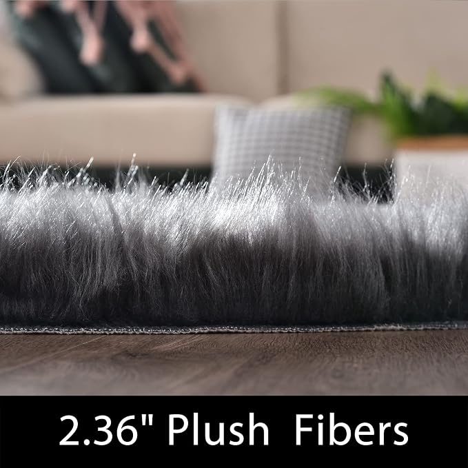 Latepis Dark Grey Runner Rugs 2x6 Faux Sheepskin Fur Rug Bedside Super Soft - Image 2