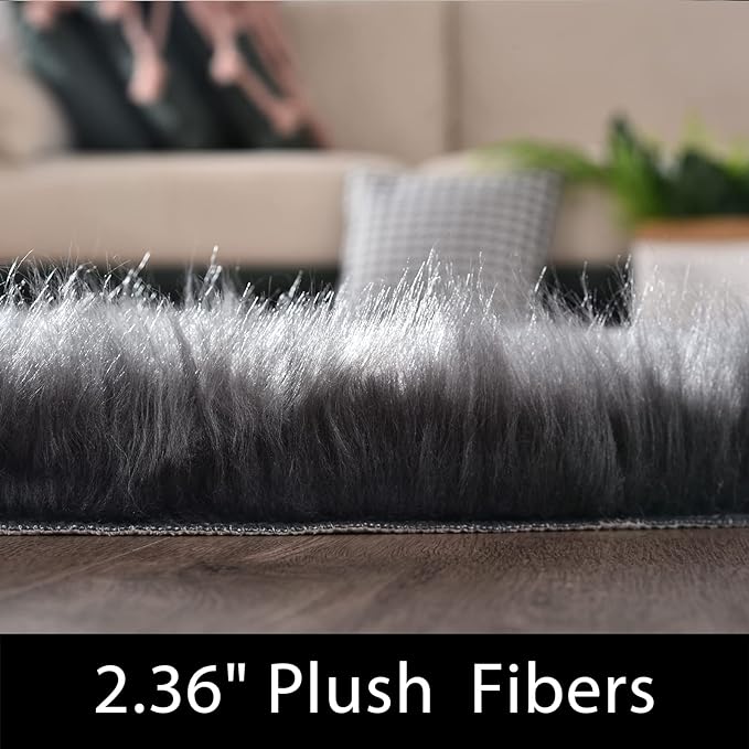 Latepis Dark Grey Rugs for Living Room Sofa 5x6.7 Faux Sheepskin Rug for - Image 2