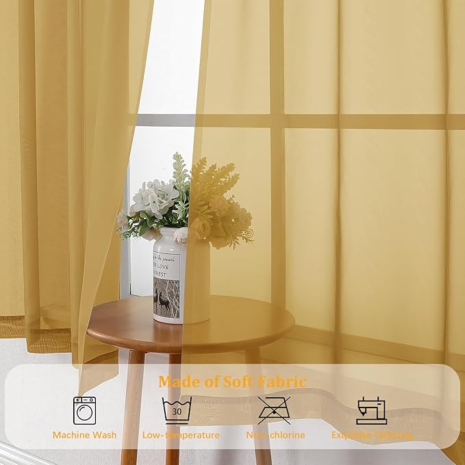 Gwine Gold Sheer Curtains 96 Inches Long 2 Panels, Elegant Window Treatments - Image 7