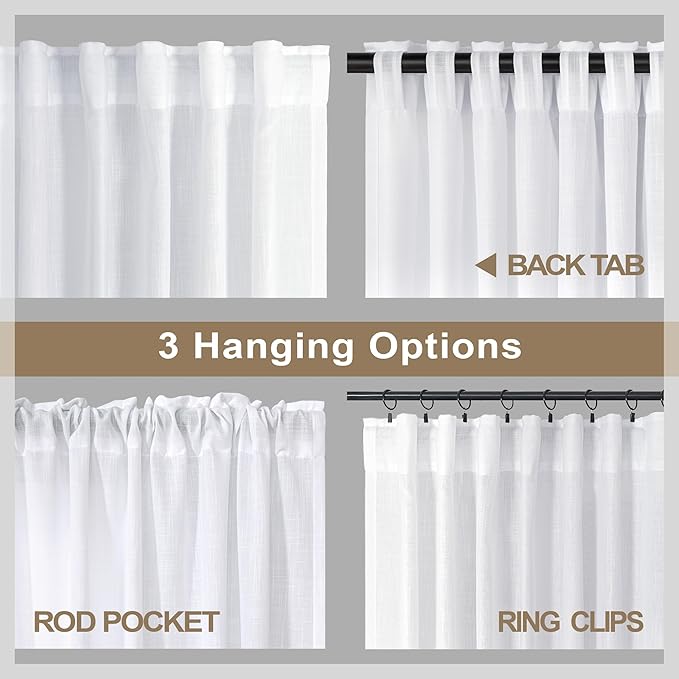 Pitalk White Linen Curtains for Living Room 100 Inches Long 2 Panels Pocket - Image 5