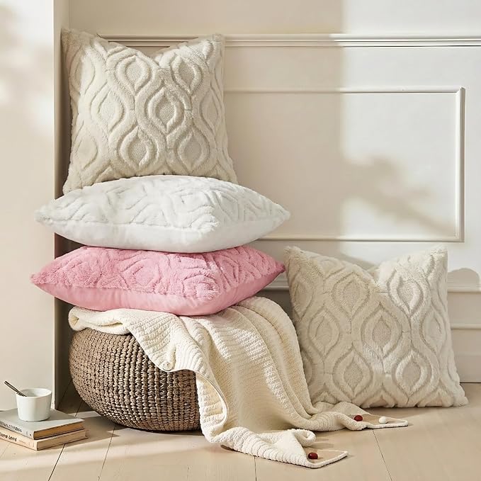 decorUhome Throw Pillow Covers 22x22 Inch Set of 2, Soft Plush Faux Wool Beige - Image 4