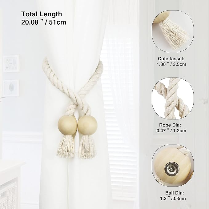 6 Pack Magnetic Curtain Tiebacks Cotton Hand Woven Tie Back Decorative Rope - Image 3