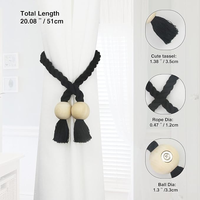6 Pack Magnetic Curtain Tiebacks Cotton Hand Woven Tie Back Decorative Rope - Image 3