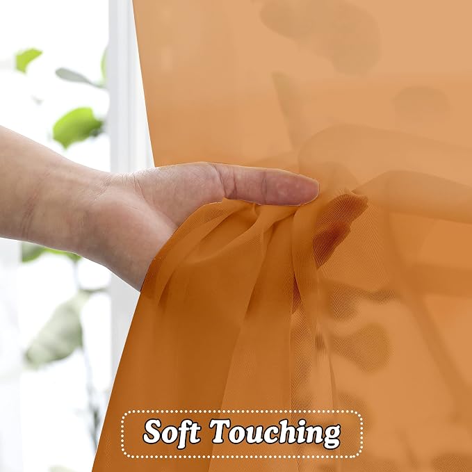 OVZME 2 Panels Solid Color Orange Sheer Curtains 96 Inches Long, Elegant Window - Image 4