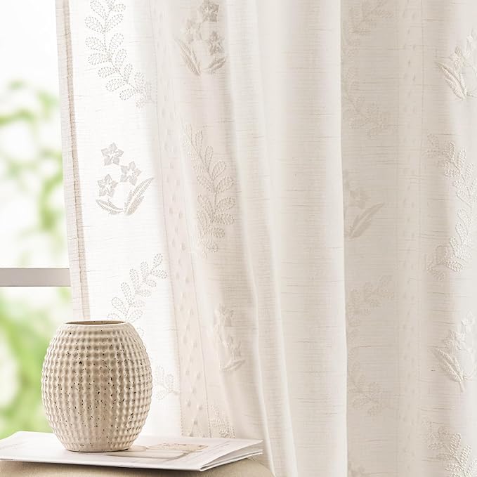 jinchan Belrose Linen Curtains for Bedroom Floral Curtains 84 Inch Length Linen by JINCHAN