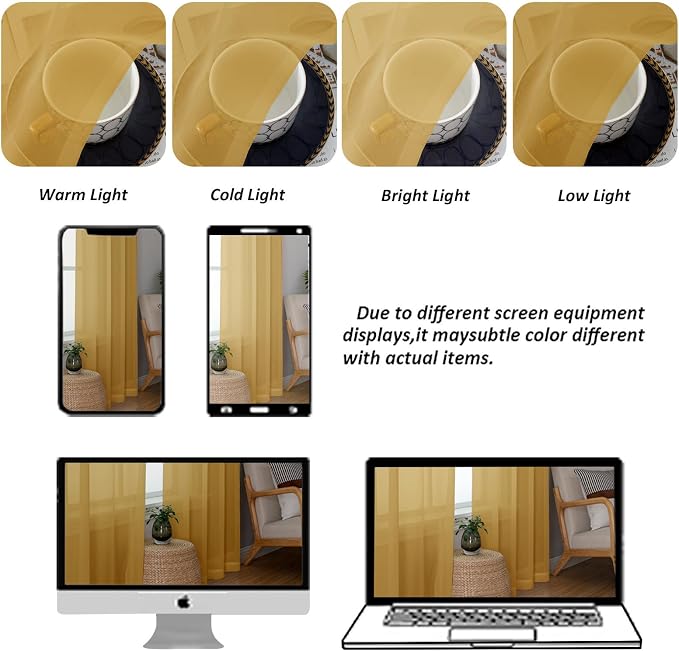 Chyhomenyc Gold Sheer Curtains 63 Inches Long 2 Panels, Light Filtering Bright - Image 4