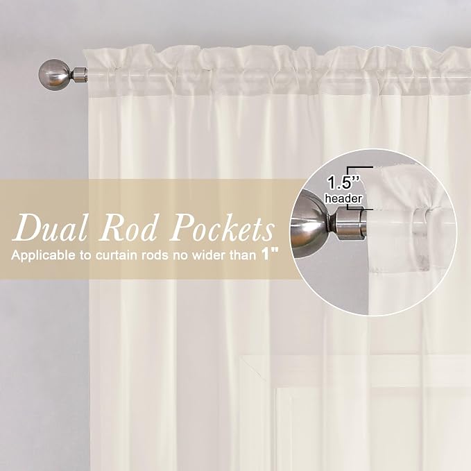 Lecloud Ivory Sheer Curtains 63 Inch Length 2 Panels Set, Rod Pockets Voile - Image 3