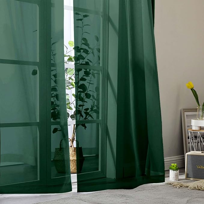 Sheer Hunter Green Curtains for Bedroom Living Room 90 Inches Long 2 Panels Set - Image 9