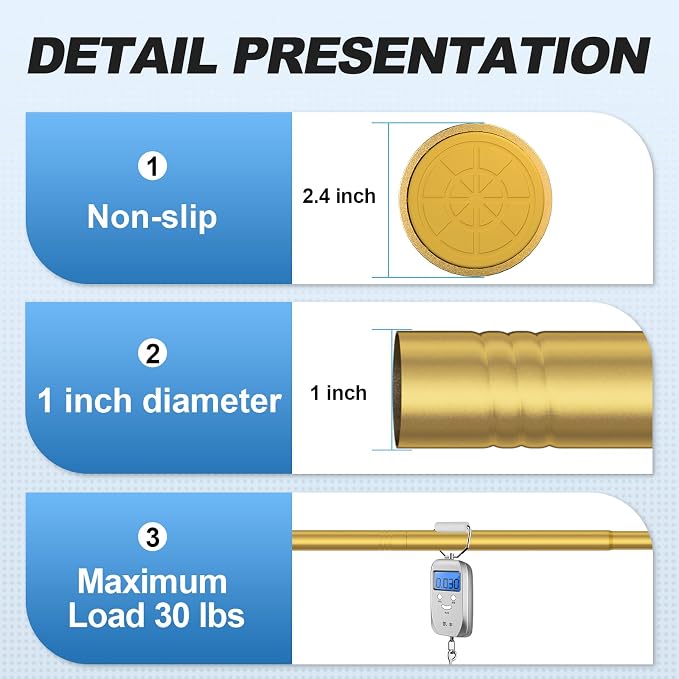 CorkLatta Gold Shower Curtain Rod 31 to 80 Inch, 1 Inch Diameter Adjustable - Image 3