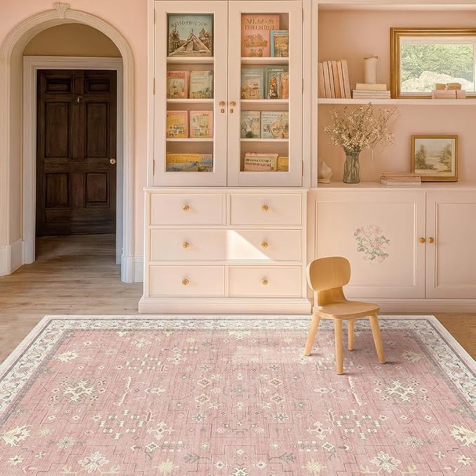 Washable 8x10 Blush Pink Rug for Bedroom Girls Dorm, Floral Retro Living Room - Image 6