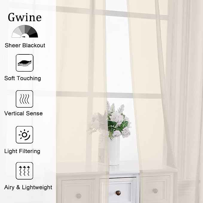 Gwine Cream Sheer Kitchen Curtains 36 Inch Length, Light Filtering Voile Soft - Image 2