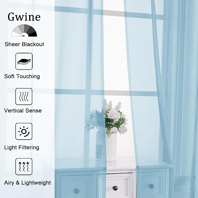 Gwine Sky Blue Sheer Curtains 90 Inches Long 2 Panels Set, Light Filtering - Image 2