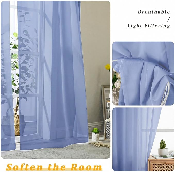 Gwine Denim Blue Sheer Curtains 72 Inches Long 2 Panels Set, Light Filtering - Image 5