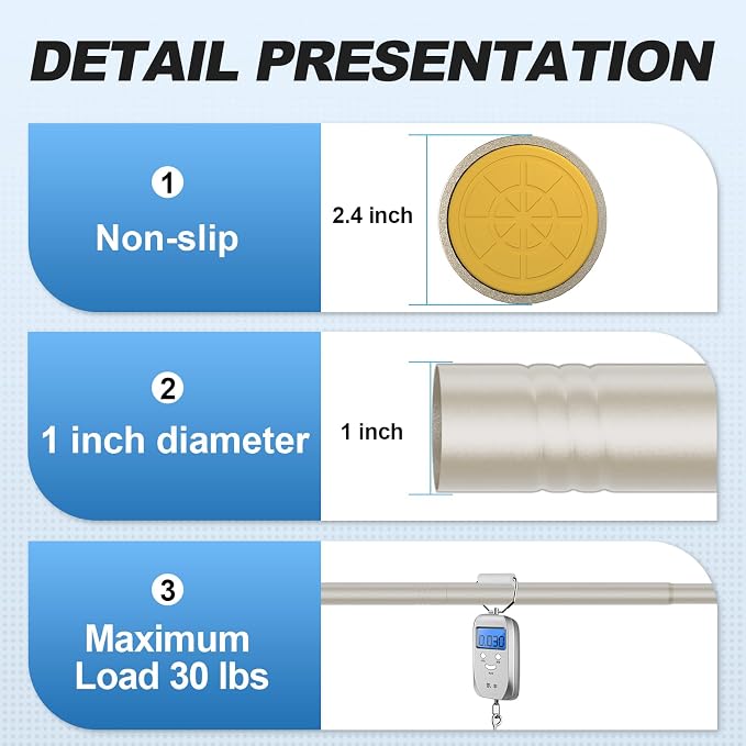 CorkLatta Brushed Nickel Shower Curtain Rod 31 to 80 Inch, 1 Inch Diameter - Image 3