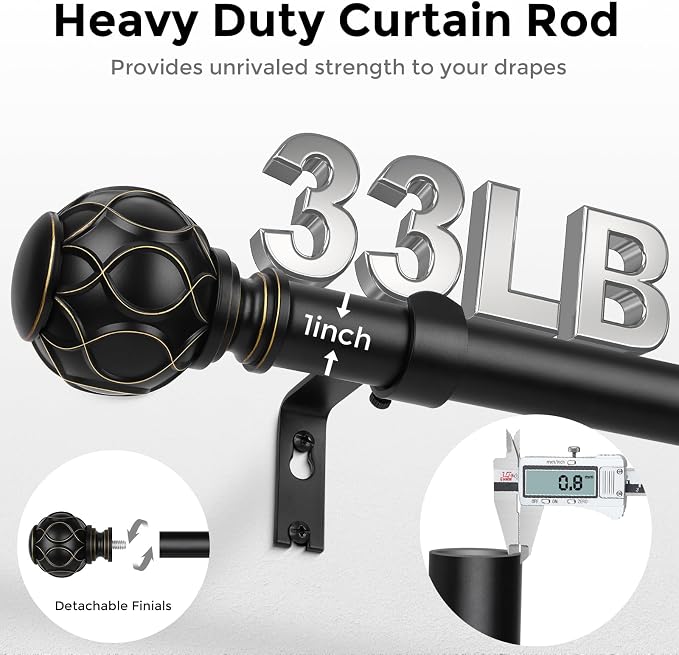 Black Curtain Rod, Heavy Duty 1 Inch Decorative Curtain Rods - Image 3