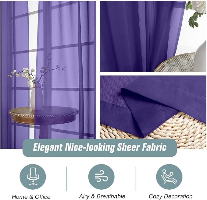 Purple Window Sheer Curtains 45 Inches Length, Voile Short Curtains - Image 4